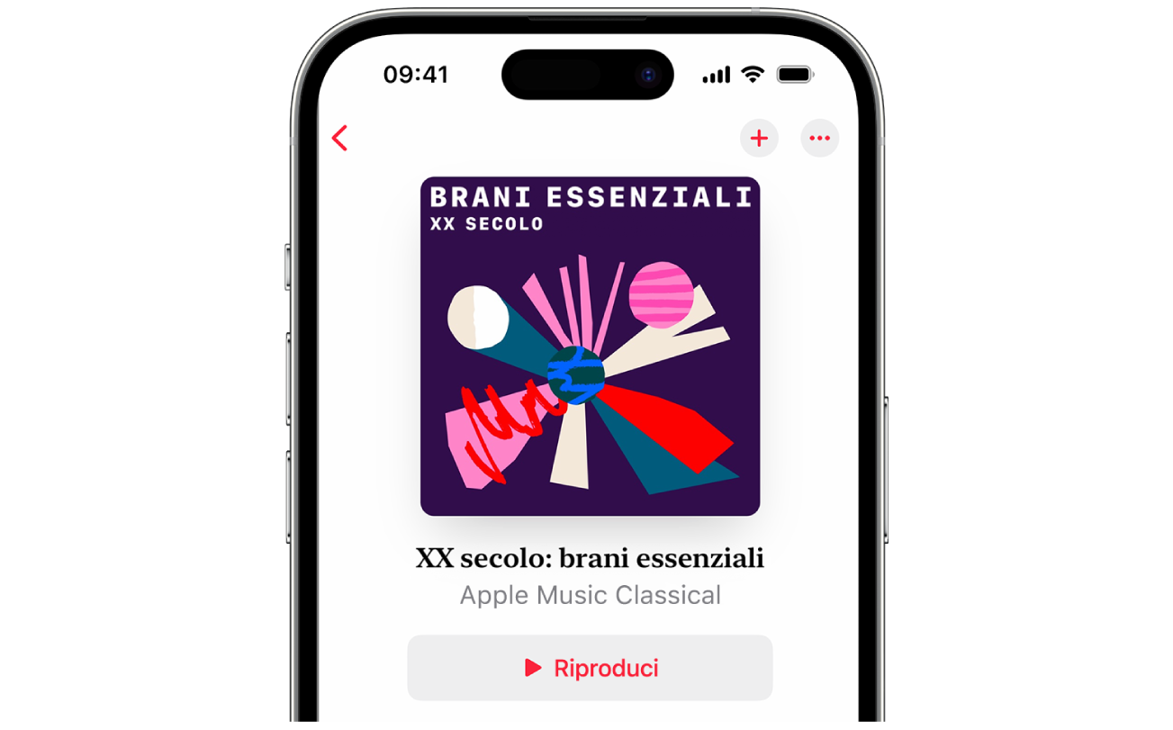 Uno schermo di iPhone con il nome e la grafica di una playlist e il pulsante Riproduci in Apple Music Classical.