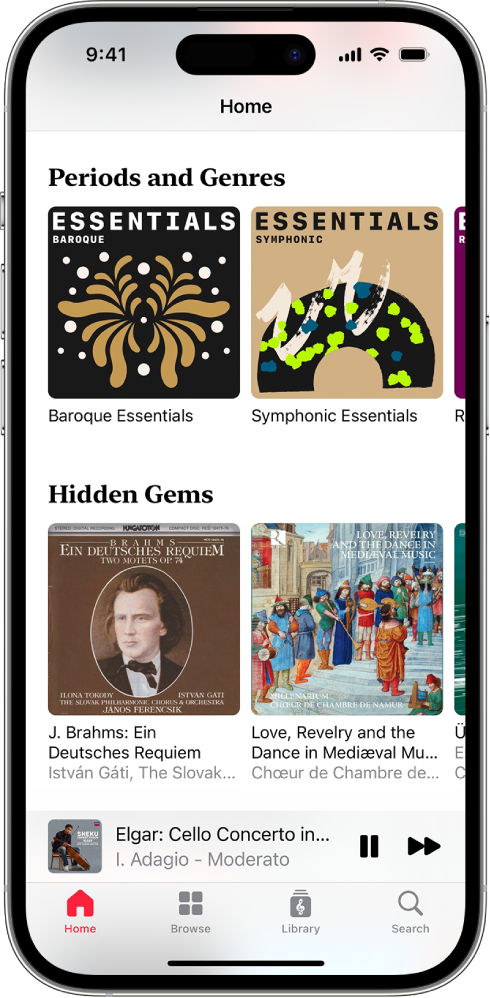 iPhone ที่แสดงแถบหน้าแรกใน Apple Music Classical หน้าจอแสดงช่วงเวลา ประเภท และผลงานดีที่ซ่อนอยู่ และที่ด้านล่างคือเครื่องเล่นขนาดเล็กซึ่งแสดงแทร็คที่กำลังเล่นอยู่ ที่ด้านล่างสุดของหน้าจอคือปุ่มหน้าแรก เลือกหา คลัง และค้นหา