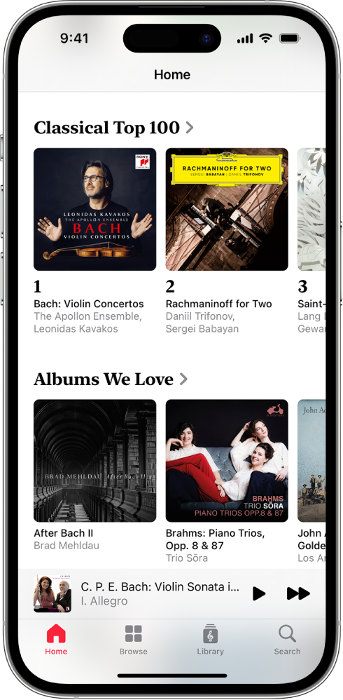 iPhone ที่แสดงแถบหน้าแรกใน Apple Music Classical โดยมีอัลบั้มที่ฟังบ่อยที่สุด, Classical Top 100 อยู่ที่ด้านบนสุด