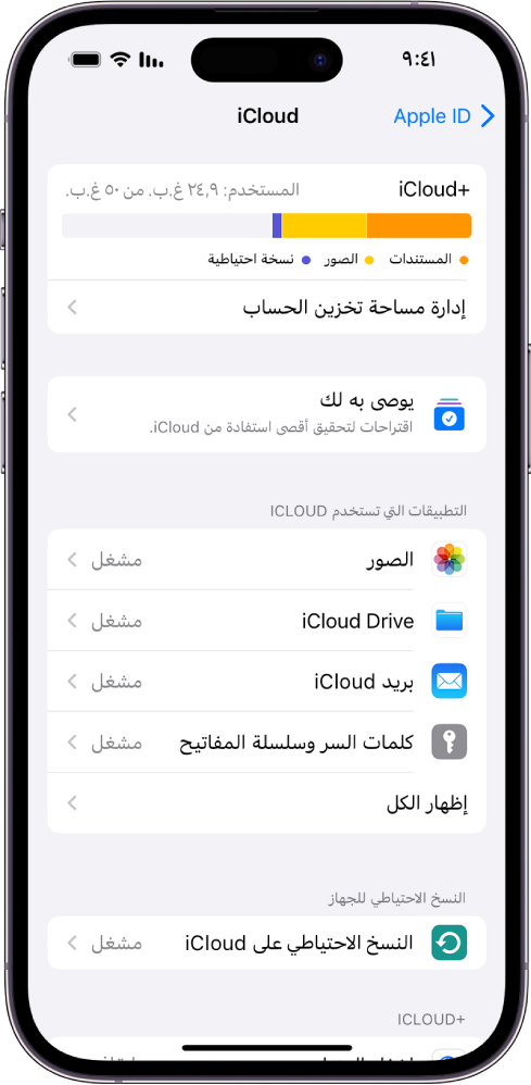 شاشة إعدادات iCloud يظهر بها مقياس مساحة تخزين iCloud وقائمة من التطبيقات والميزات التي يمكن استخدامها مع iCloud.