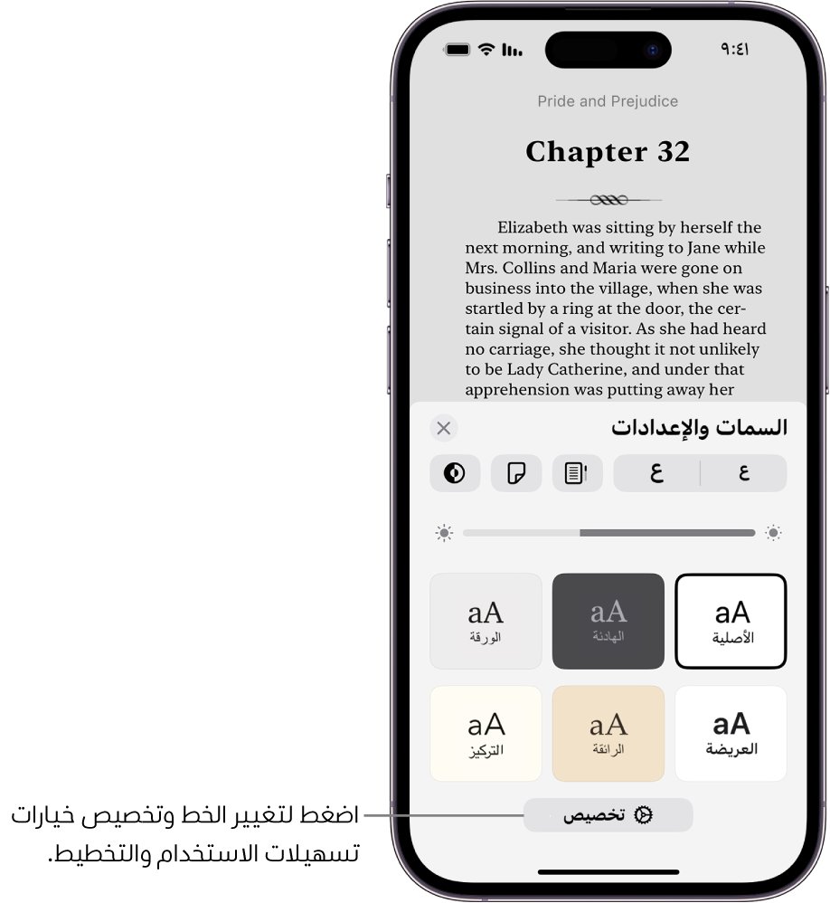 صفحة من كتاب في تطبيق الكتب. خيارات السمات والإعدادات تعرض عناصر التحكم في حجم الخط وطريقة عرض التمرير ونمط قلب الصفحة والسطوع وأنماط الخط.