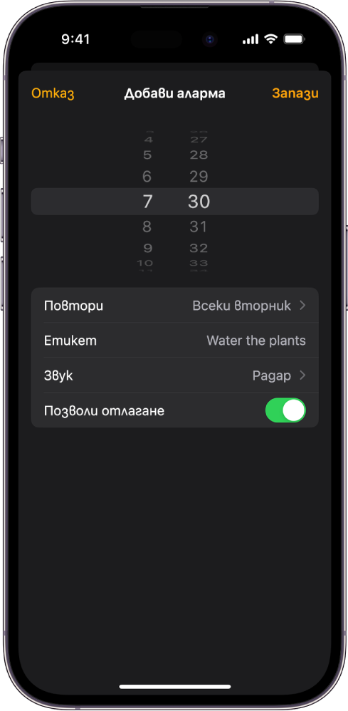 Екран за промяна на аларма с настройки да промените часа на алармата, да изберете дали да се повтаря алармата, етикет за добавяне на аларма, да изберете звук за аларма и да включите дрямка.