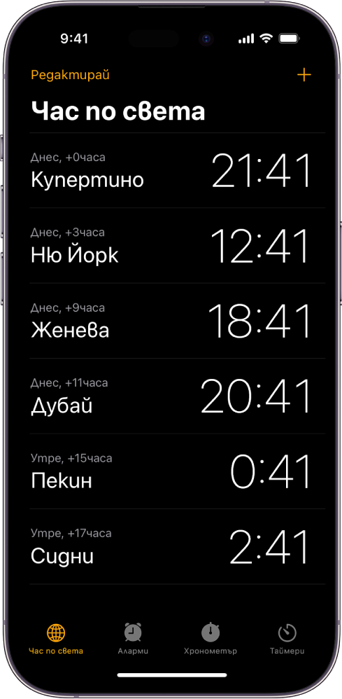 Бутонът Час по света, показващ часа в различни градове. Бутонът Редактирай до горния ляв ъгъл ви позволява да подреждате или изтривате часовници. Бутонът Добави до горния десен ъгъл ви позволява да добавяте още часовници. В долния край са бутоните Час по света, Будилник, Хронометър и Таймери.