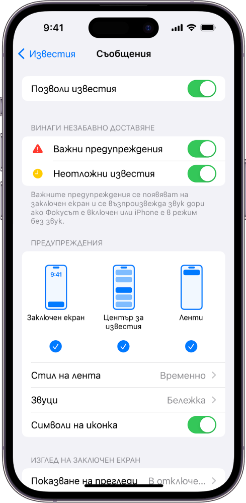 iPhone с настройки на Съобщения за известия и предупреждения.