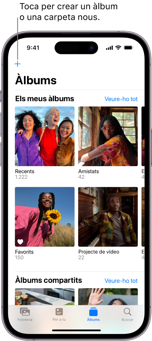 La pestanya “Àlbums” a la part inferior de la pantalla està seleccionada, i la pantalla dels àlbums mostra uns quants àlbums a sota dels títols “Els meus àlbums” i “Àlbums compartits”. Al costat del títol “Els meus àlbums” hi ha el botó “Veure-ho tot”. A l’angle superior esquerre de la pantalla hi ha el botó “Afegir”.