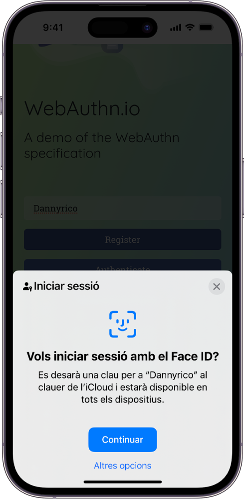 La meitat inferior de la pantalla de l’iPhone permet utilitzar claus per iniciar sessió als llocs web. Té el botó “Continuar” per desar una clau i el botó “Altres opcions”.