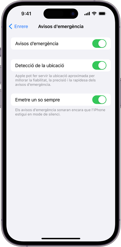 La pantalla dels avisos d’emergència, amb les opcions “Avisos d’emergència”, “Detecció de la ubicació” i “Emetre un so sempre” activades.