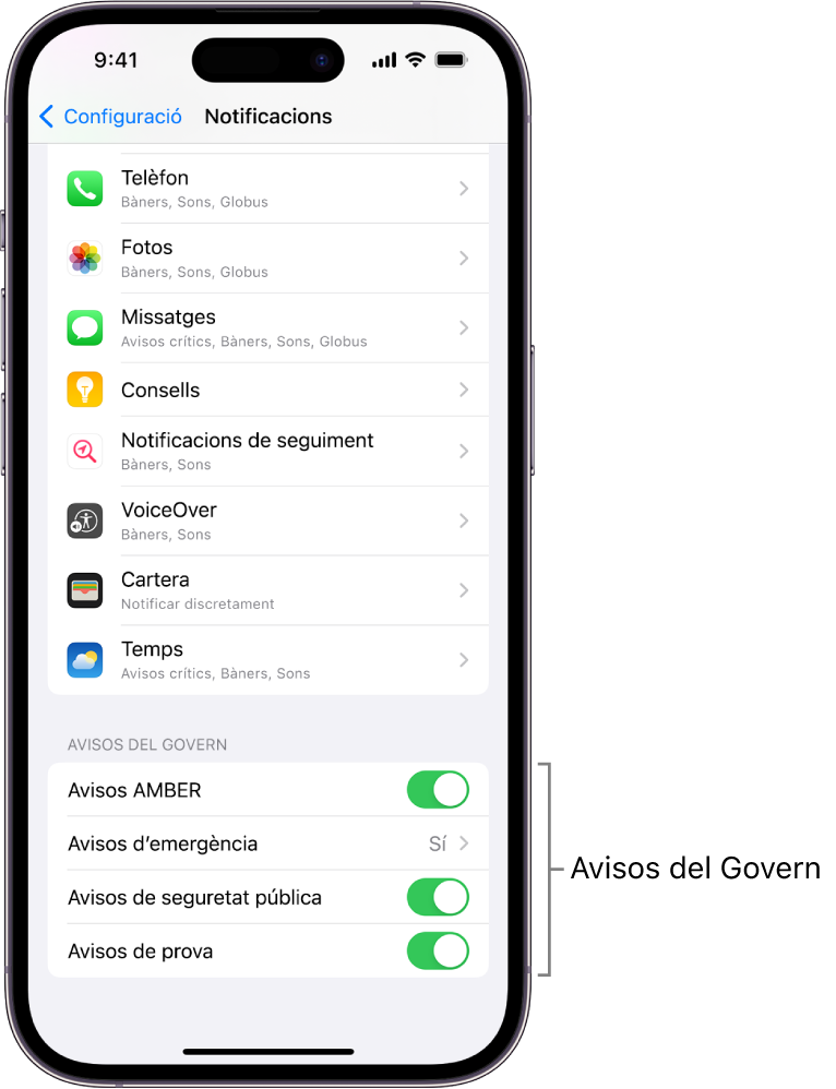 A la pantalla de notificacions es mostra la secció d’avisos del Govern, en què pots activar els avisos del Govern que vulguis rebre.