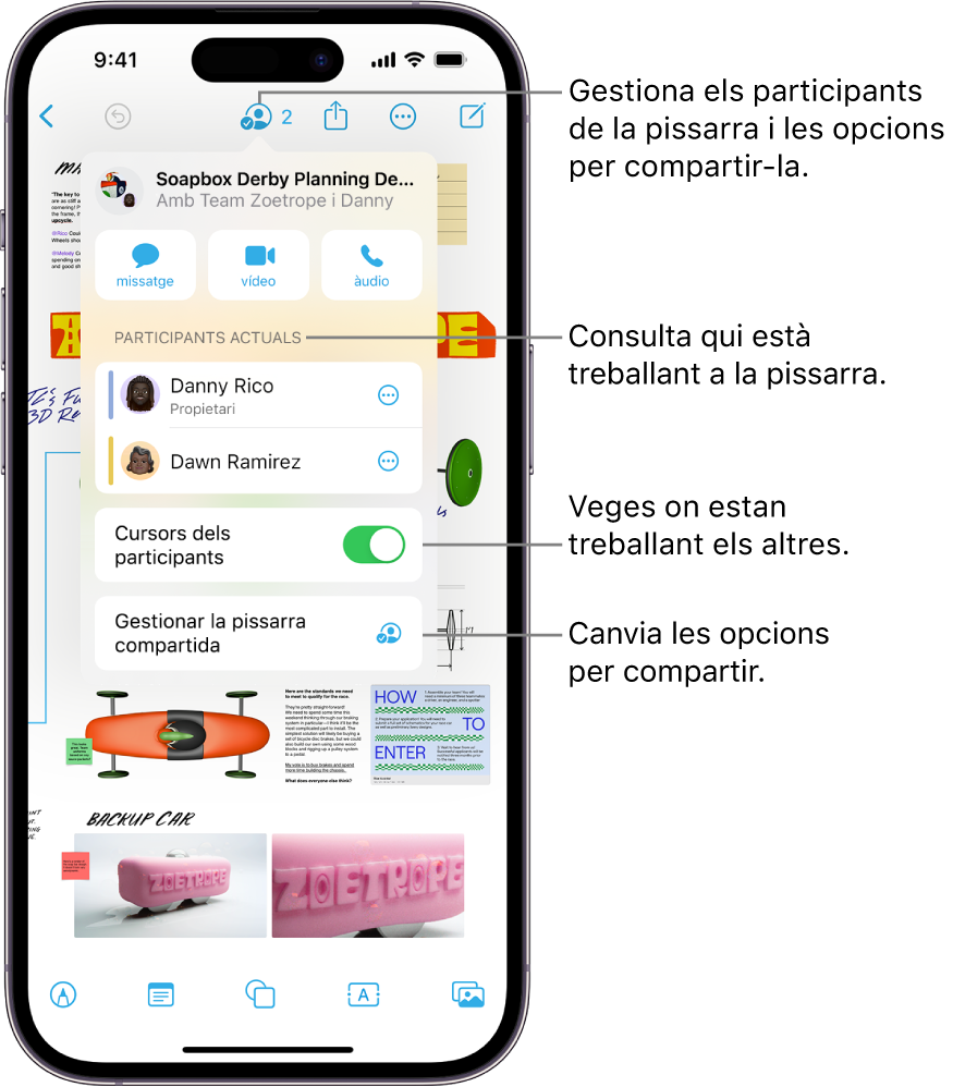 Una pissarra compartida del Freeform a l’iPhone amb el menú de col·laboració obert.