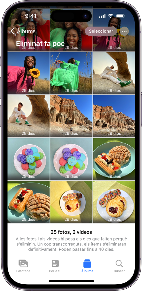Es mostra l’app “Eliminat fa poc” a l’app Fotos. Les fotos eliminades fa poc apareixen en una retícula a la pantalla.