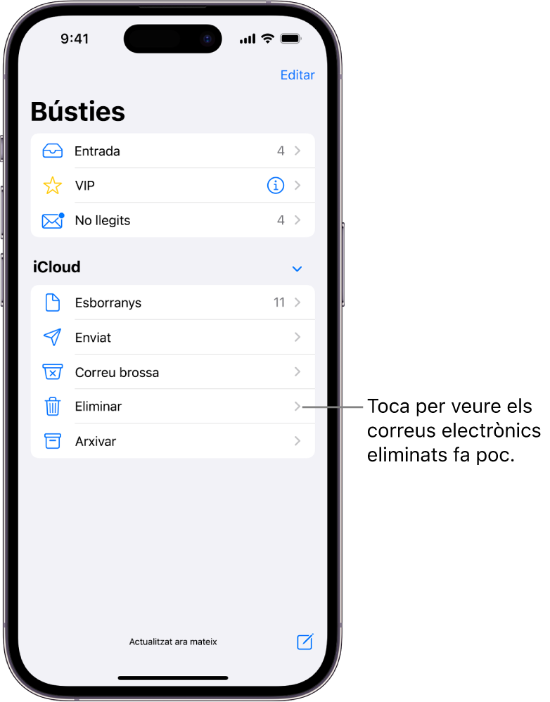 La pantalla “Bústies”. A sota d’“iCloud”, les bústies s’enumeren de dalt a baix, inclosa la bústia “Paperera”. Toca-la per veure correus electrònics eliminats recentment.