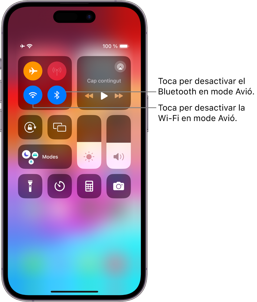 Centre de control de l’iPhone. Al grup de controls de la part superior esquerre hi ha el botó per al mode d’avió (a dalt a l’esquerra) el botó “Wi-Fi” (a baix a l’esquerra) i el botó “Bluetooth” (a baix a la dreta). El mode d’avió, la Wi-Fi i el Bluetooth estan activats. Toca el botó “Bluetooth” per desactivar el Bluetooth en mode d’avió. Toca el botó “Wi-Fi” per desactivar la Wi-Fi en mode d’avió.