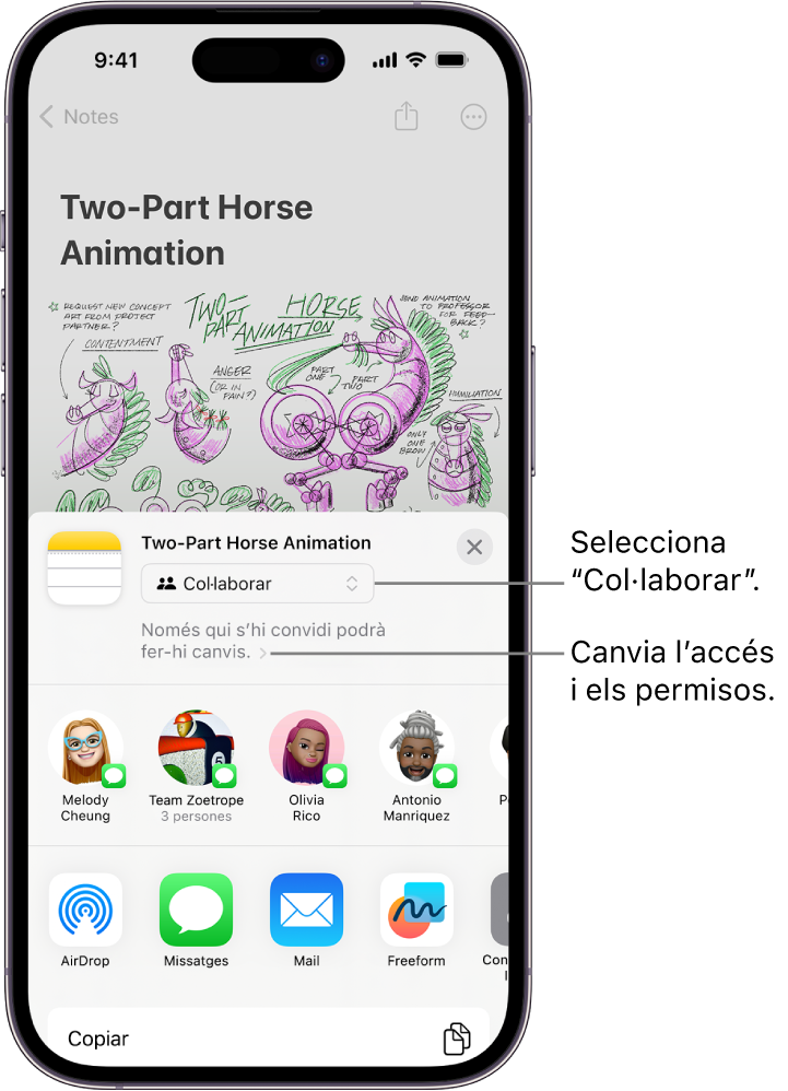 Una invitació de col·laboració a un dibuix de l’app Notes, que mostra l’opció “Col·laborar” com a opció per compartir i “Només qui convidis podrà editar-ho” com a configuració d’accés i de permisos. A sota, quatre destinataris possibles formen una fila, inclòs un grup. A l’última fila s’ofereixen maneres diferents de compartir la nota: AirDrop, Missatges, Mail i Freeform.