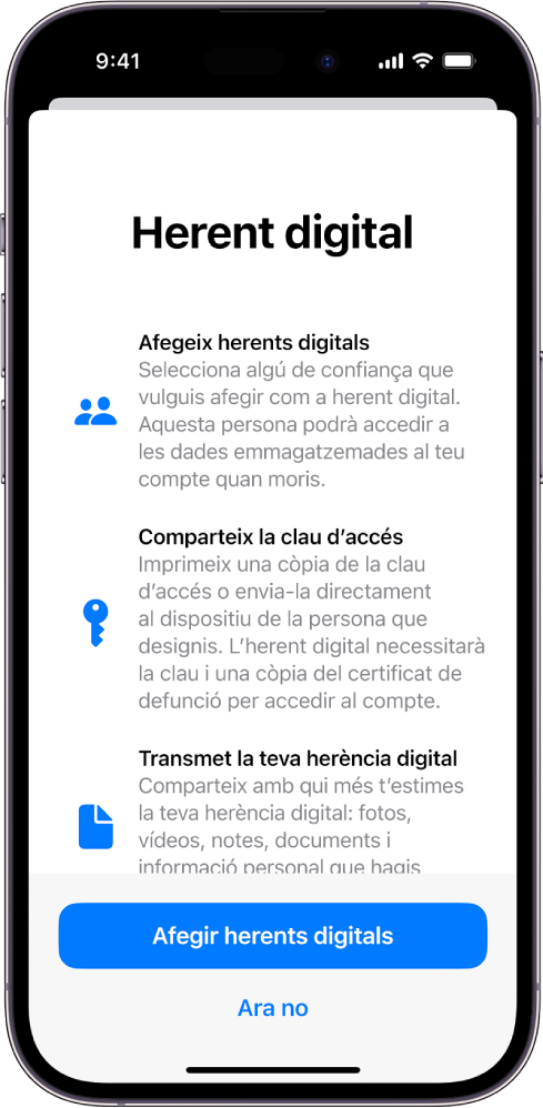 La pantalla “Herent digital” amb informació sobre aquesta funció. El botó “Afegir herents digitals” es troba a la part inferior.
