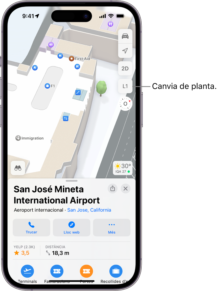 Mapa de l’interior d’una terminal de l’aeroport. Les funcions inclouen un punt de control d’immigració, escales, lavabos i primers auxilis. Pots canviar entre els nivells de mapes amb diferents pisos amb el botó denominat “L1” (que vol dir “level 1”, “nivell 1” en anglès).