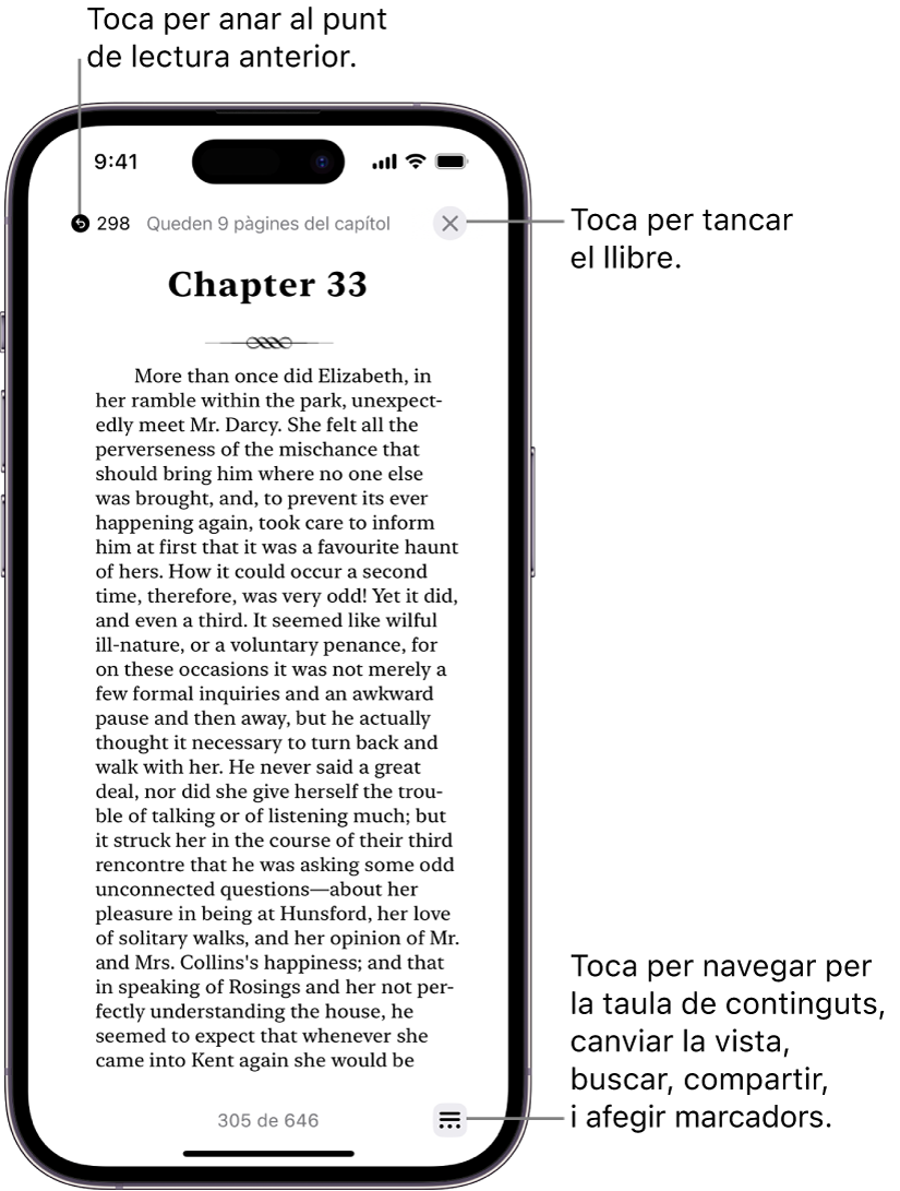 Pàgina d’un llibre a l’app Llibres. A la part superior de la pantalla hi ha els botons per tornar a la pàgina on has començat a llegir i per tancar el llibre. A la part inferior dreta de la pantalla, hi ha el botó “Menú”.