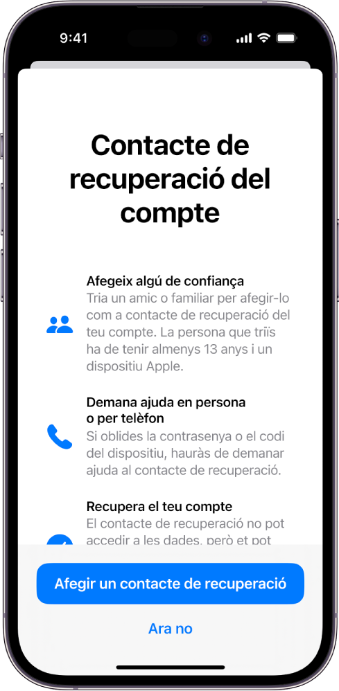 La pantalla “Contacte de recuperació del compte” amb informació sobre aquesta funció. El botó “Afegir un contacte de recuperació” es troba a la part inferior.