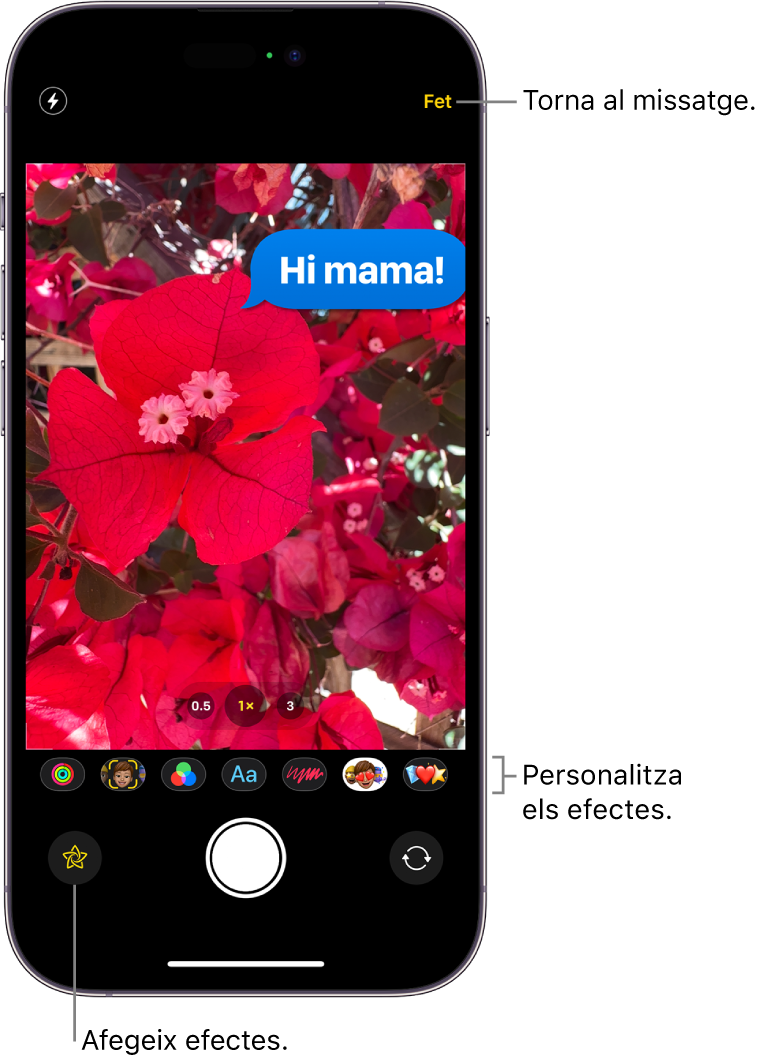 Edició de fotos dins de Missatges. Les opcions per aplicar diferents efectes es mostren a sota de la foto.
