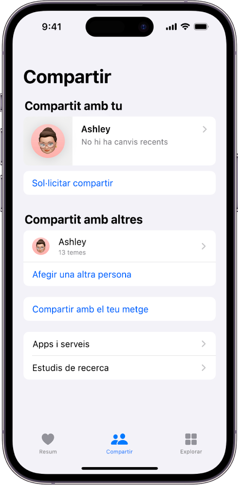 Pantalla de compartició de l’app Salut.