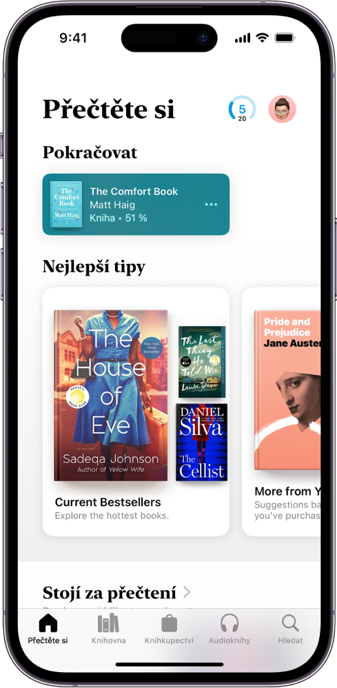 Obrazovka Přečtěte si v aplikaci Knihy. U dolního okraje obrazovky se zleva doprava nacházejí panely Přečtěte si, Knihovna, Knihkupectví, Audioknihy a Hledat. Panel Přečtěte si je vybraný.