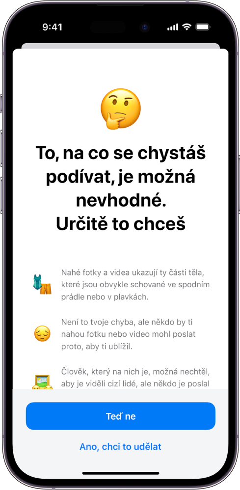 Obrazovka upozornění na nevhodný obsah, která varuje před možnou nahotou na obrázku. U dolního okraje obrazovky jsou vidět následující tlačítka: Teď ne a Ano, chci