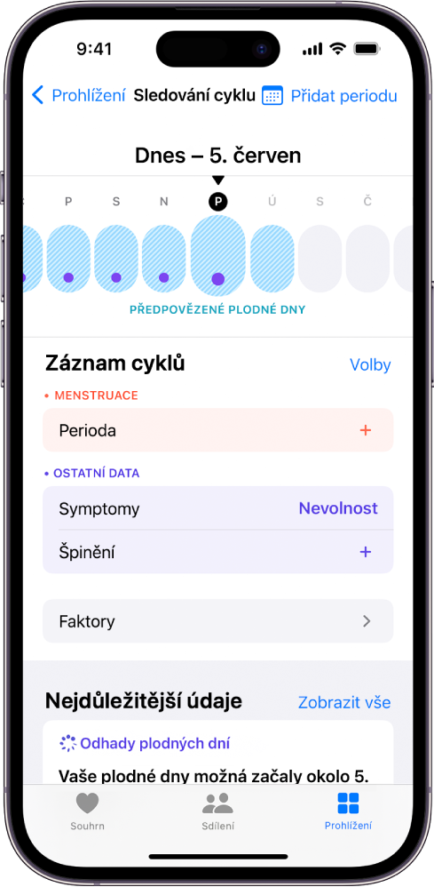 Obrazovka Sledování cyklu s časovou osou u horního okraje, na které se zobrazují odhadované plodné dny Pod časovou osou se nacházejí volby pro přidávání informací o periodě, symptomech apod.