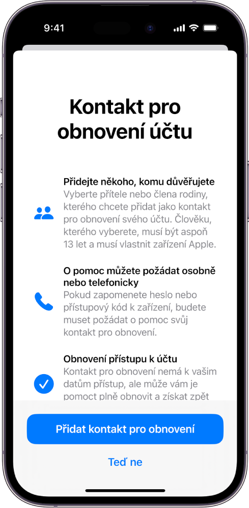 Obrazovka Kontakt pro obnovení účtu s informacemi o této funkci. V pravém dolním rohu se nachází tlačítko Přidat kontakt pro obnovení.