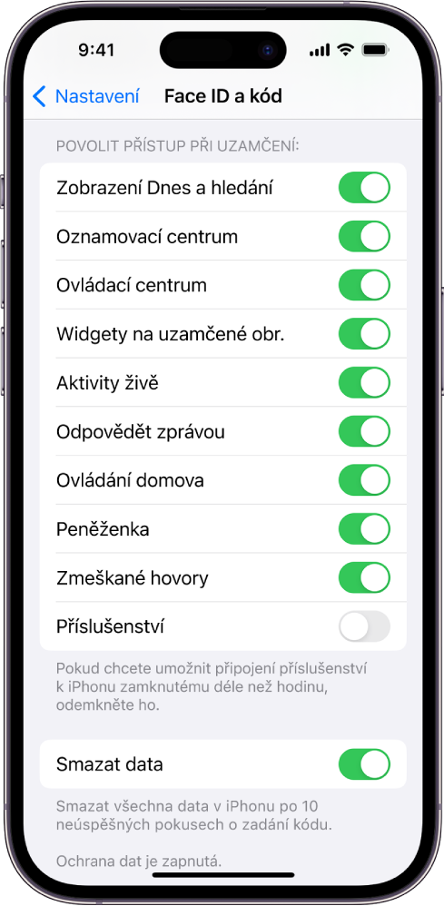 Obrazovka Face ID a kód s nastavením pro povolení přístupu ke konkrétním funkcím, když je iPhone zamknutý.