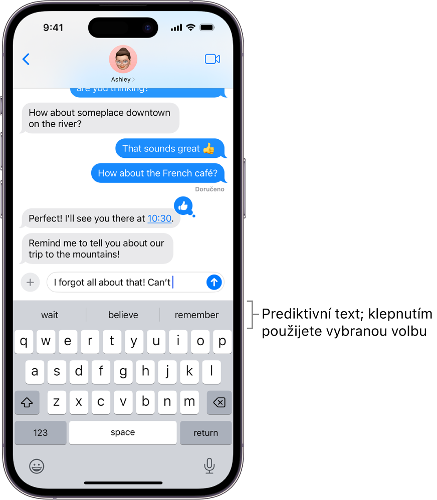 V aplikaci Zprávy je otevřená klávesnice na displeji. Do textového pole je zadáván text a nad klávesnicí se zobrazují návrhy funkce prediktivního textu pro další slovo.