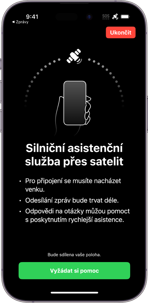 Obrazovka silniční asistenční služby přes satelit. V dolní části obrazovky je vidět tlačítko Vyžádat si pomoc.