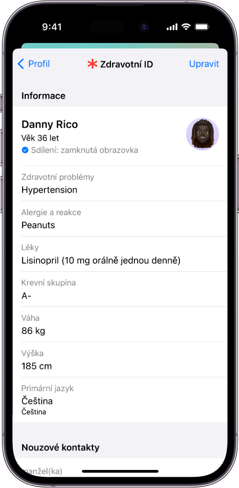 Obrazovka Zdravotní ID se základními informacemi o datu narození, zdravotním stavu, užívaných lécích a nouzovém kontaktu