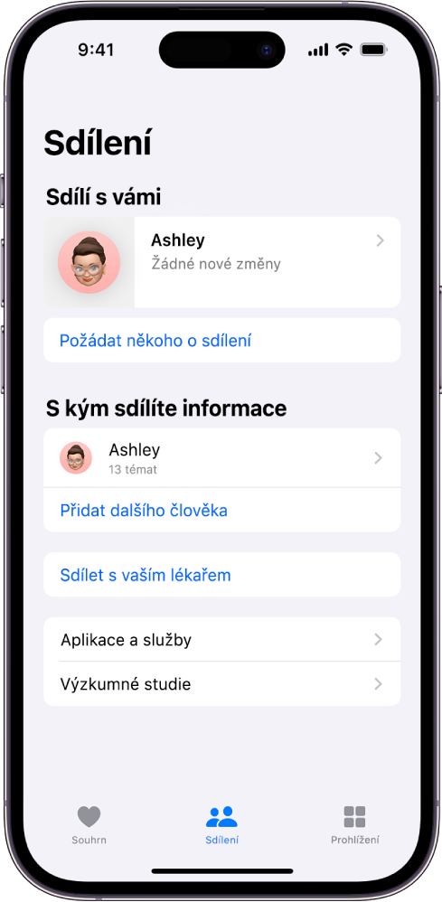 Obrazovka Sdílení, na níž je uvedený jeden člověk, který s vámi sdílí data