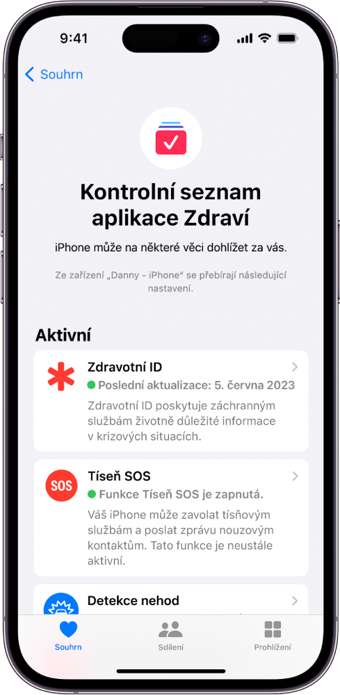 Obrazovka Kontrolní seznam aplikace Zdraví, na které je vidět aktivované volby Zdravotní ID, Tíseň SOS a oznámení detekce nehod