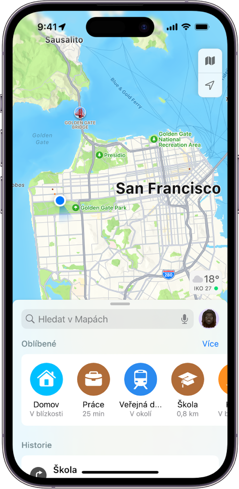 Obrazovka aplikace Mapy s vyhledávacím polem v dolní polovině. Pod vyhledávacím polem se zobrazují místa uložená jako oblíbená: Domov, Práce, Veřejná doprava a Škola.