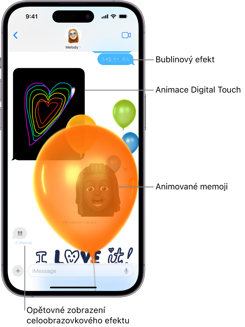 Konverzace v aplikaci Zprávy s efekty v bublinách a na celé obrazovce a také animacemi: Digital Touch a ručně psanou zprávou.