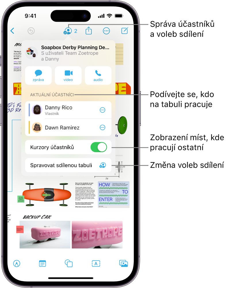 Sdílená tabule aplikace Freeform na iPhonu s otevřenou nabídkou pro spolupráci