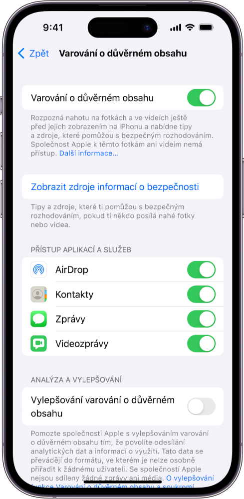 Volby nastavení pro Varování o důvěrném obsahu s odkazem „Zobrazit zdroje informací o bezpečnosti“ a tlačítkem „Vylepšování varování o důvěrném obsahu“ pro sdílení analytických údajů a údajů o používání se společností Apple.