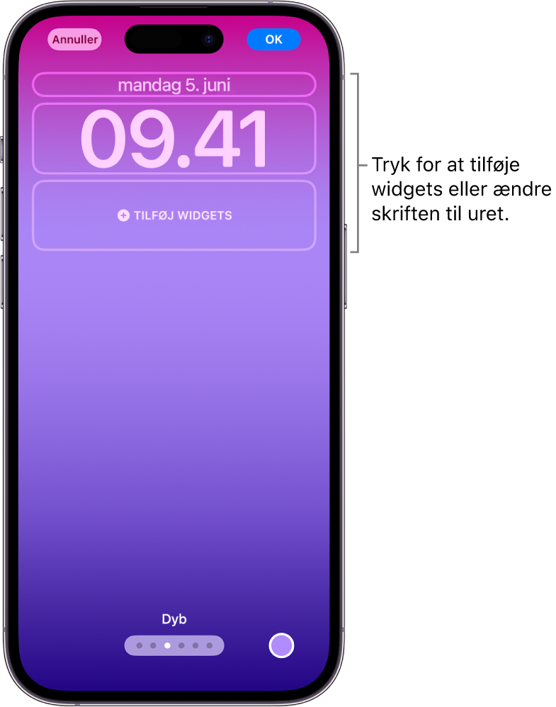 En tilpasset låseskærm redigeres. Der er valgt tilgængelige elementer til tilpasning – datoen, tiden og en knap til tilføjelse af widgets.