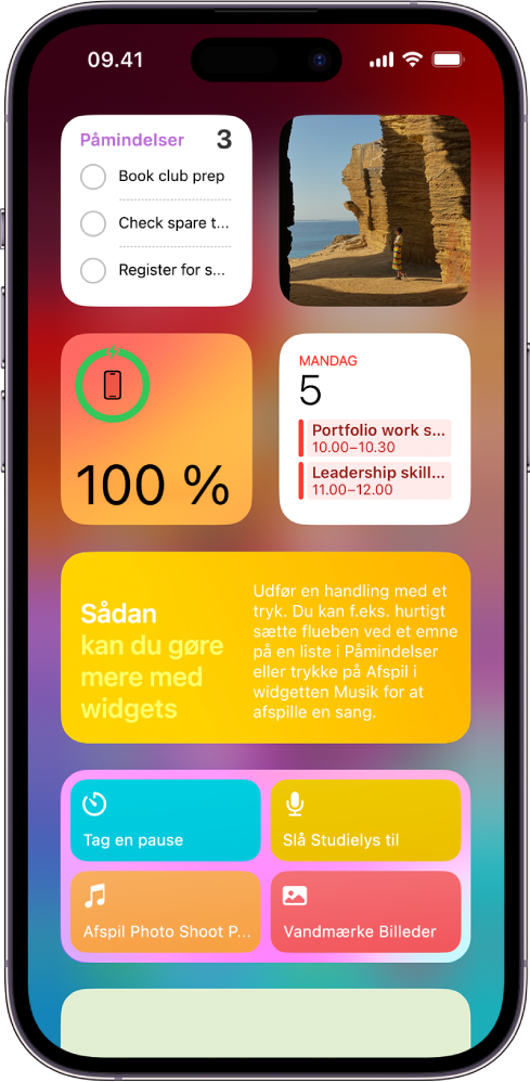 Widgets vises i oversigten I dag, bl.a. Widgets til Påmindelser, Fotos, Batteri, Kalender og Tips.