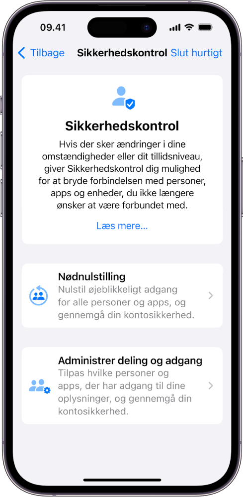 Skærmen Sikkerhedskontrol, der viser oplysninger om funktionen og knapper til Nødnulstilling og Administrer deling og adgang.