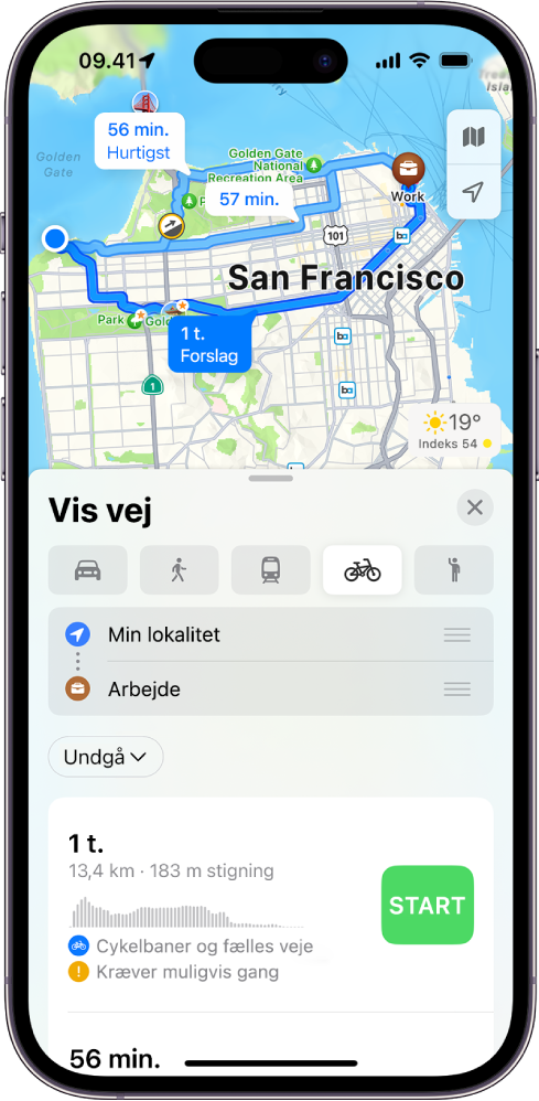 Et kort, der viser muligheder for cykelruter. Rutekortet i bunden giver detaljer, herunder anslåede rejsetider, højdeforskelle og vejtyper. Knappen Start vises til højre for detaljerne.