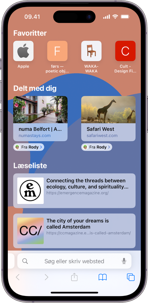 Startsiden i Safari inkluderer en Delt med dig-sektion med eksempler på to websider. Under eksemplerne på webstedet er der mærkater med teksten “Fra Robert”.