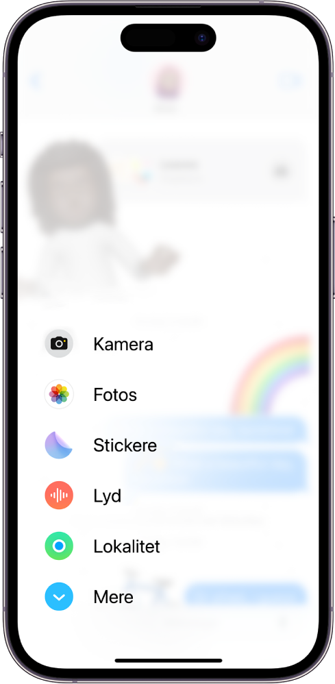 Når du har trykket på knappen Apps i en samtale i Beskeder, vises en liste over funktioner, du kan føje til din besked.