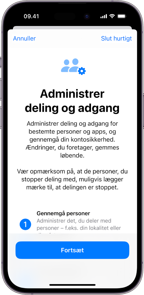 Skærmen Administrer deling og adgang med oplysninger om, hvordan funktionen fungerer. Knappen Fortsæt er placeret nederst.