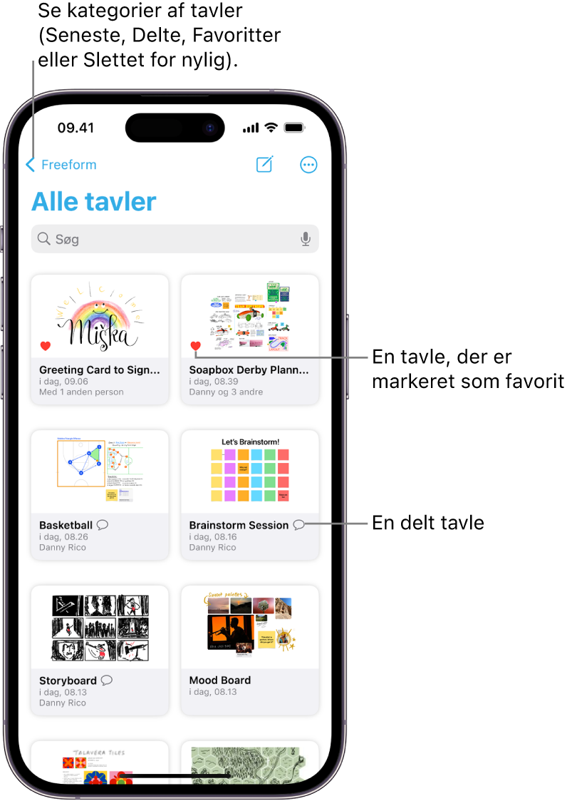 Skærmen Alle tavler i Freeform er åben, og den viser miniaturer af otte tavler.