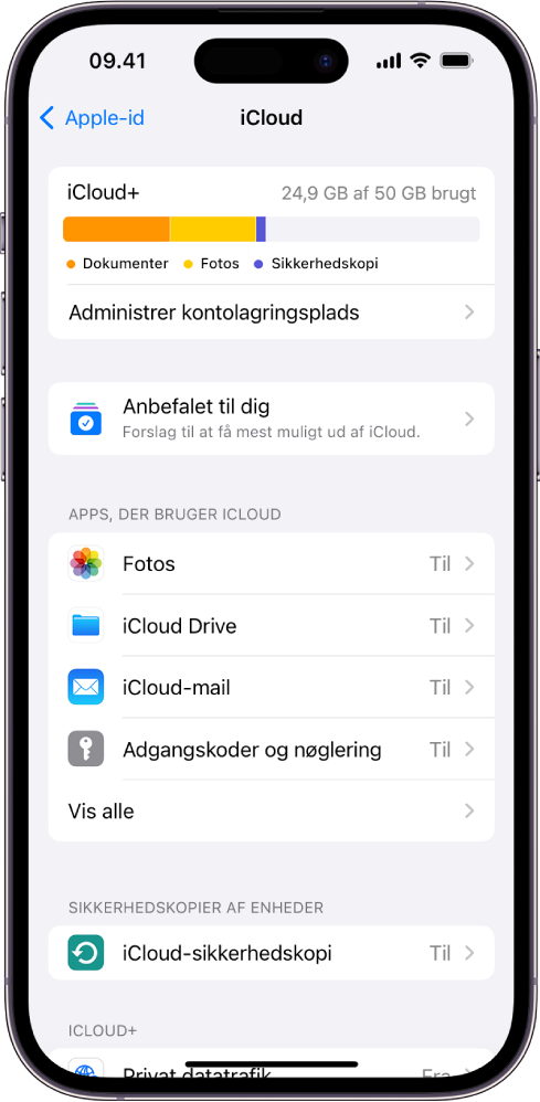 Skærmen iCloud-indstillinger viser iCloud-lagermåleren og en liste over funktioner, herunder Fotos, iCloud Drive og iCloud-sikkerhedskopiering, som kan bruges med iCloud.