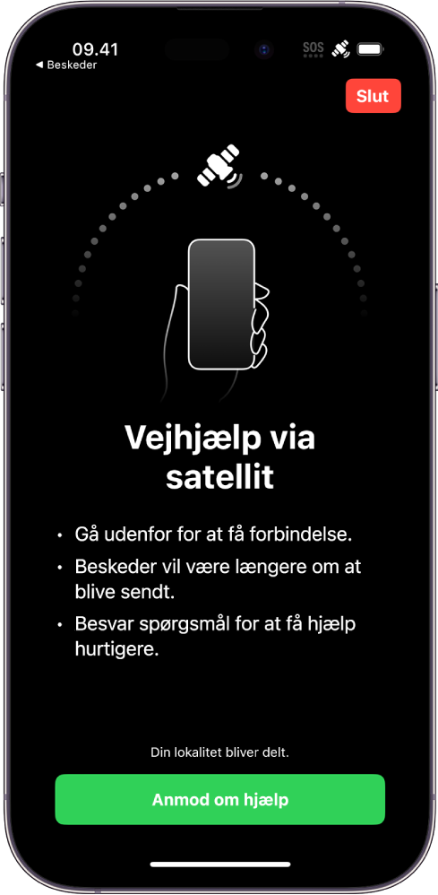 Skærmen Anmod om vejhjælp via satellit. Knappen Anmod om vejhjælp findes nederst på skærmen.