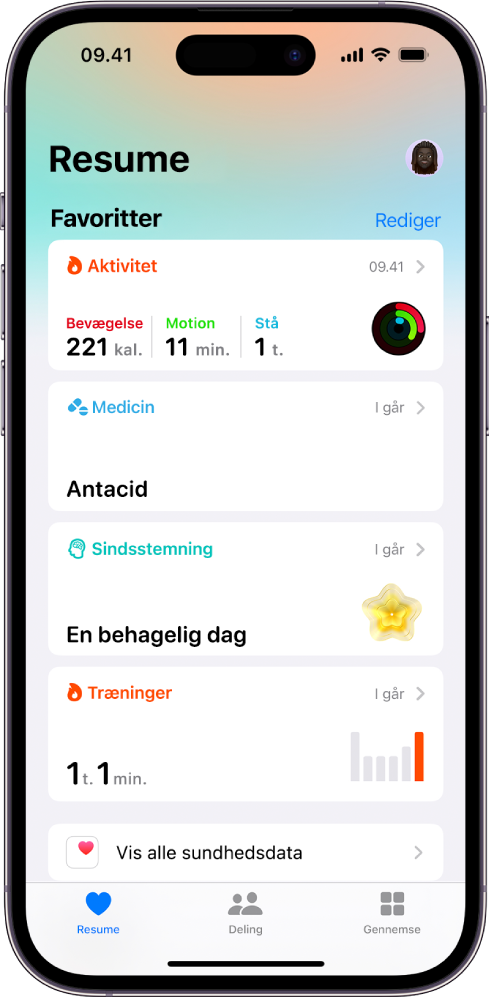 Skærmen Oversigt i Sundhed. Oplysninger om aktivitet, medicin, sindsstemning og træninger vises under Favoritter.