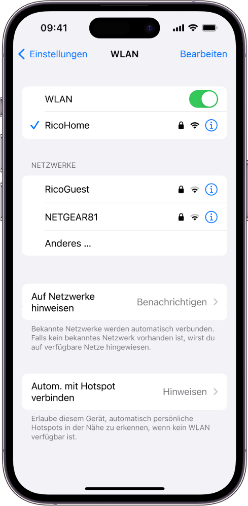 Der Bildschirm mit den WLAN-Optionen in „Einstellungen“. WLAN ist aktiviert und ein neues Netzwerk ist ausgewählt.