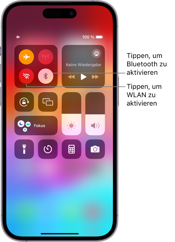 Das Kontrollzentrum mit der aktivierten Option „Flugmodus“ und den deaktivierten Optionen „WLAN“ und „Bluetooth“. Die Tasten zum Aktivieren von „WLAN“ und „Bluetooth“ befinden links oben im Kontrollzentrum.